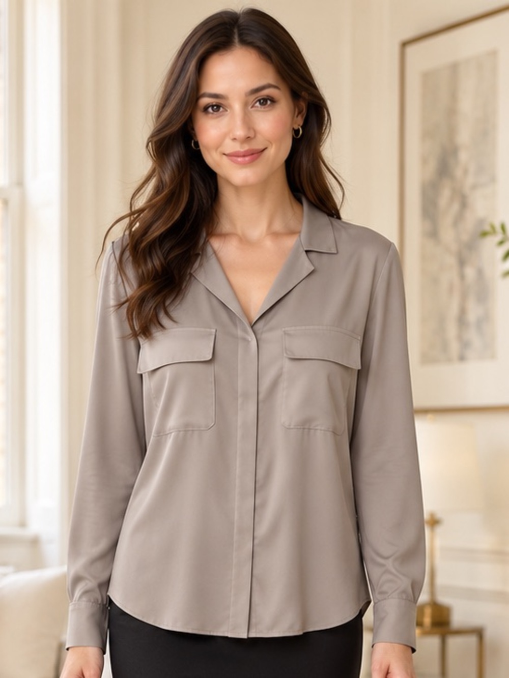 Jones New York Taupe Gray Utility Pocket Blouse Size L
